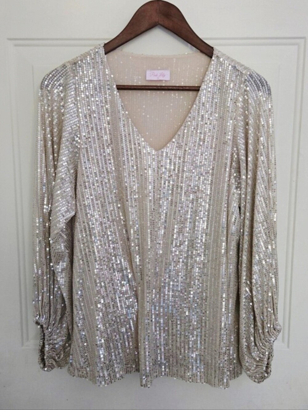 Pink Lily Champagne Sequin V-Neck Long Sleeve Top